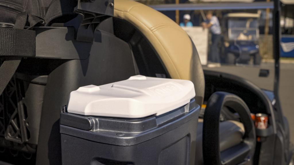 A photo of a field cooler box attachment for a Club Car Tempo