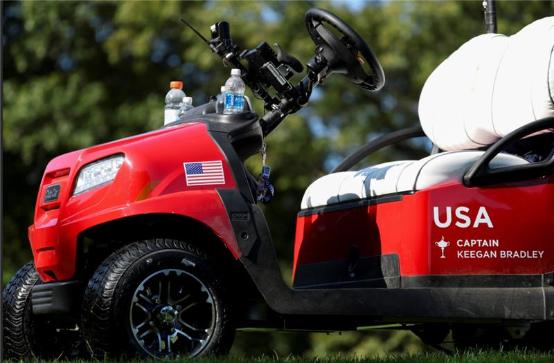 A photo of a red Club Car for Team USA at the Ryder Cup