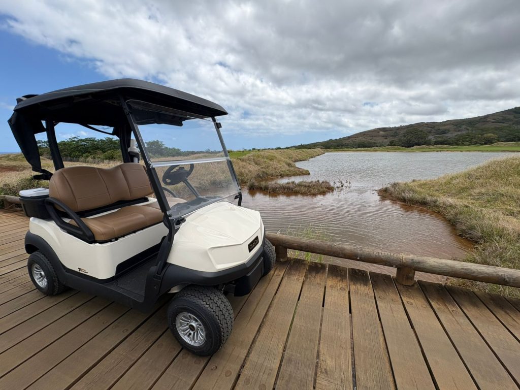 Club Car cart parked beside a water feature along the course at La Réserve, Mauritius