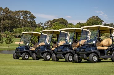 A Club Car Fleet at the Houghton Country Club as they stand in a row at an angle in the bright summer sun.
