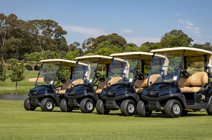 A Club Car Fleet at the Houghton Country Club as they stand in a row at an angle in the bright summer sun.
