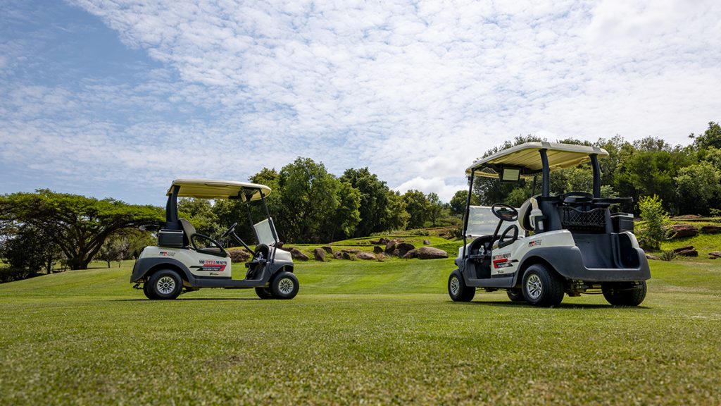 Two Club Car Tempo 2s at the Woodhill Golf Club as they stand in the hot sun. Both stand at an angle and are taken from behind or the side