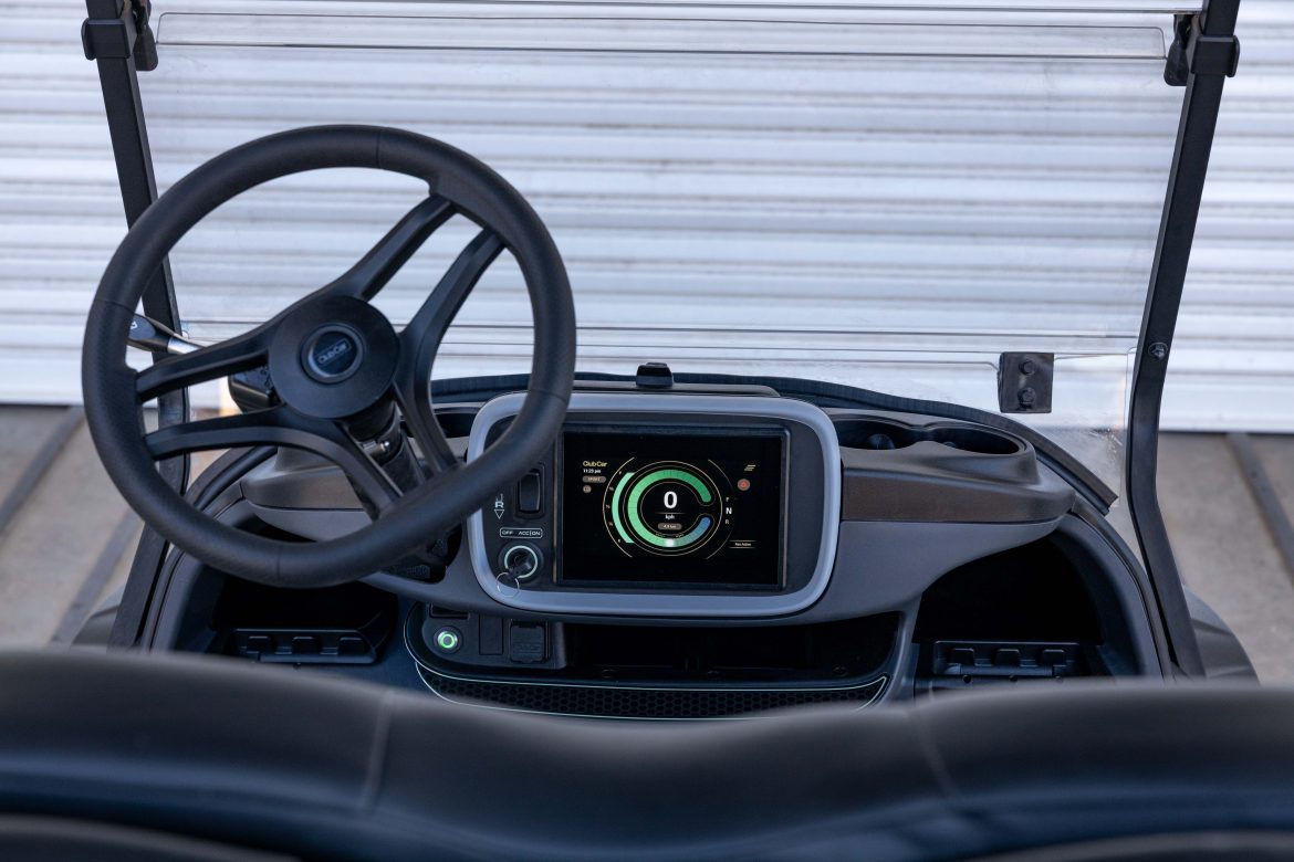 A photo of the new Club Car Onward dashboard with the optional 7-inch Touchscreen Display