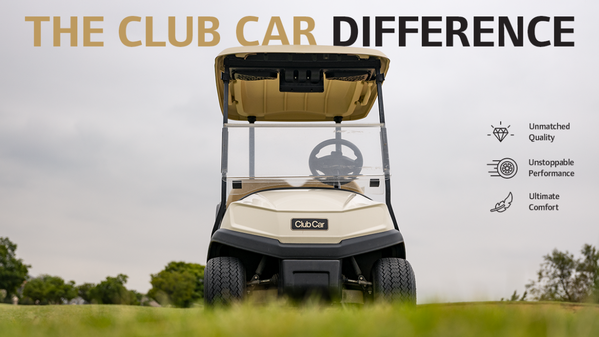 Club Car Tempo viewed from the front with a clean, premium layout featuring the heading “The Club Car Difference” and three key pillars listed alongside: Unmatched Quality, Unstoppable Performance, and Ultimate Comfort.