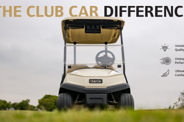 Club Car Tempo viewed from the front with a clean, premium layout featuring the heading “The Club Car Difference” and three key pillars listed alongside: Unmatched Quality, Unstoppable Performance, and Ultimate Comfort.