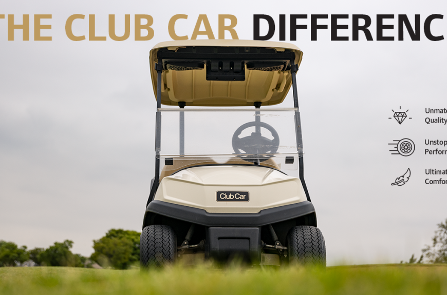 Club Car Tempo viewed from the front with a clean, premium layout featuring the heading “The Club Car Difference” and three key pillars listed alongside: Unmatched Quality, Unstoppable Performance, and Ultimate Comfort.